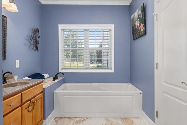 a bathroom with a bathtub and a window