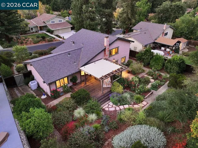 a view of outdoor space with signage and flags