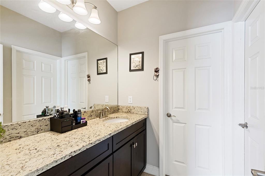 31976 Watoga Loop Wesley Chapel, FL 33543 - Photo 31 of 47 a bathroom with a granite countertop sink a mirror and a shower