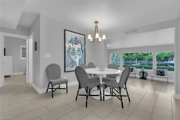 a view of a dining room with furniture wooden floor and a chandelier