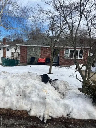 a street view covered with snow in front of house