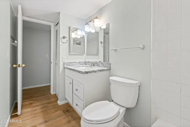 a bathroom with a granite countertop toilet sink and mirror