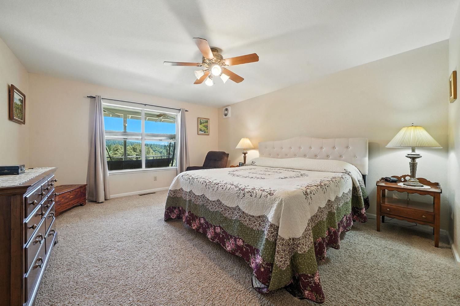 17050 Rams Horn Grade Road Volcano, CA 95689 - Photo 28 of 96 a spacious bedroom with a bed and a chandelier
