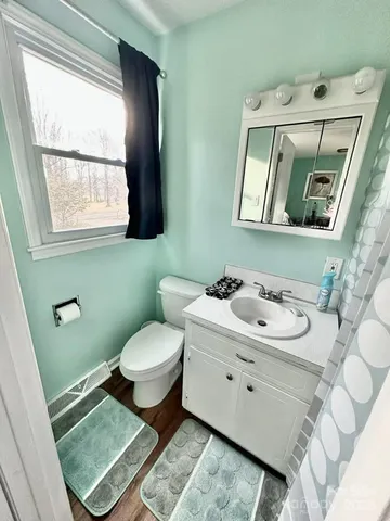 a bathroom with a toilet sink and mirror