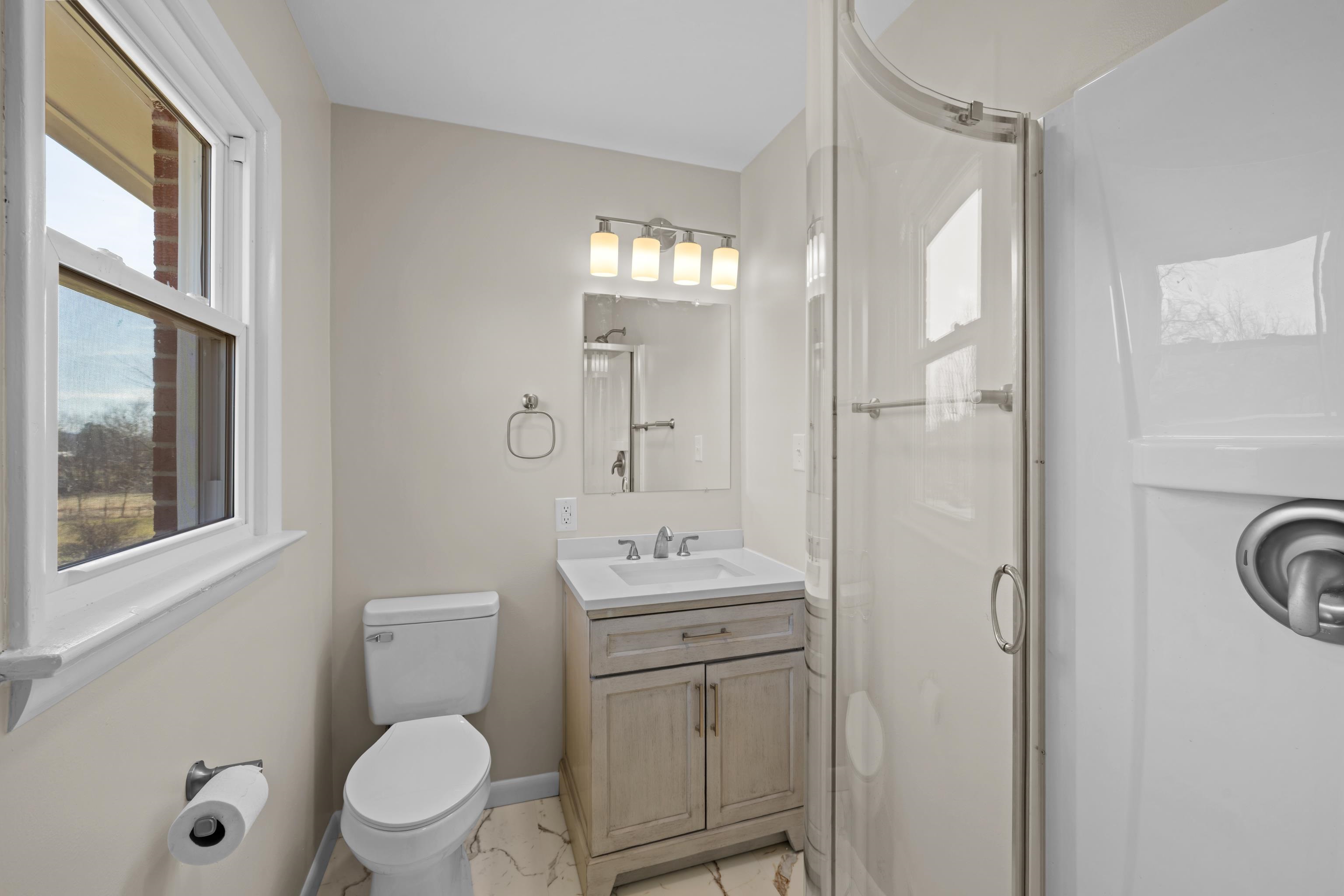 1726 Mountain Valley Road Keezletown, VA 22832 - Photo 23 of 63 a bathroom with a toilet a sink a mirror a vanity and a shower