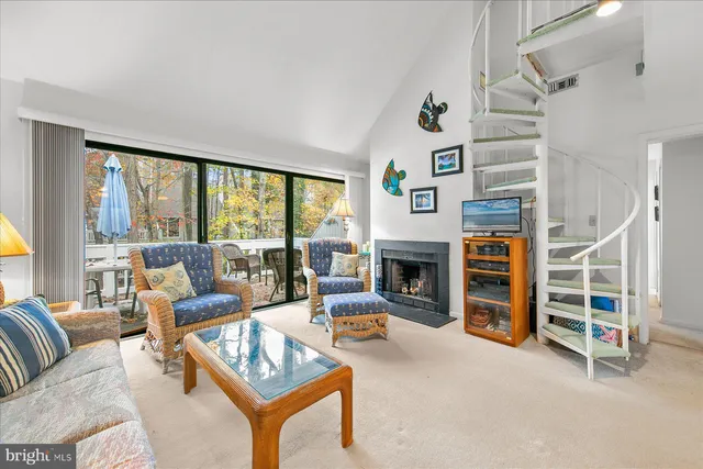 a living room with furniture a fireplace and a floor to ceiling window