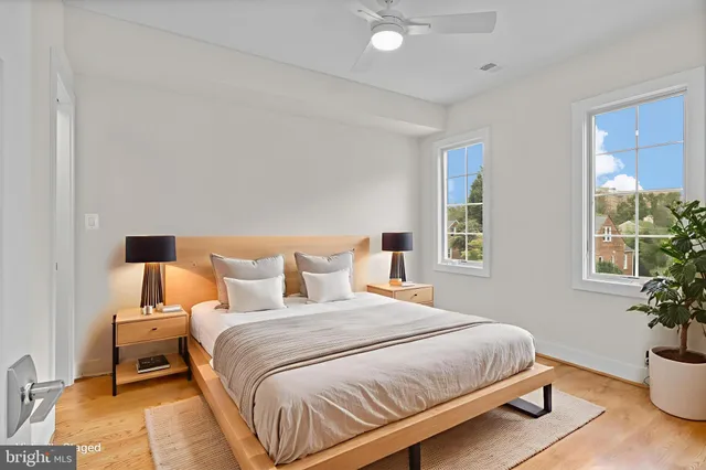 a bedroom with bed and a potted plant