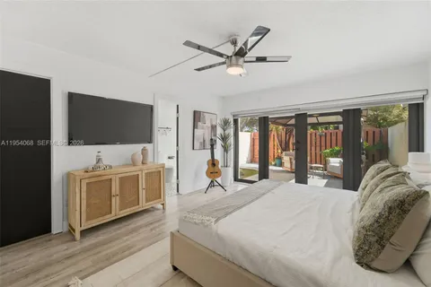 a bedroom with a bed and a flat screen tv