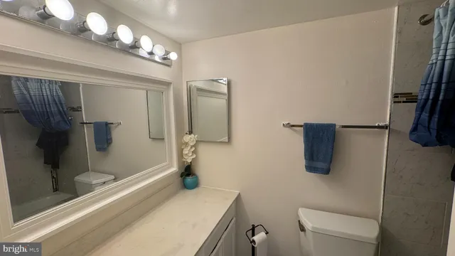 a bathroom with a sink a toilet a mirror and shower