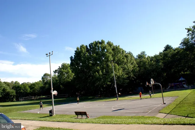 a view of a yard with a trampoline