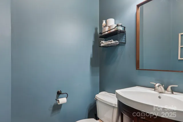 a bathroom with a sink vanity and toilet