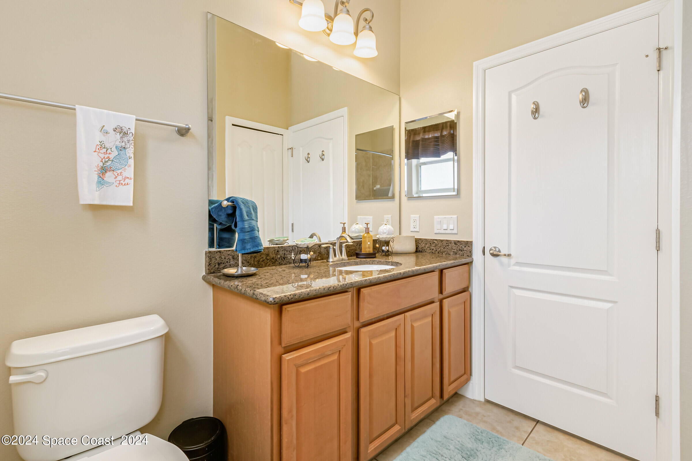 5972 Goleta Circle Melbourne, FL 32940 - Photo 44 of 56 a bathroom with a granite countertop sink a toilet and a mirror