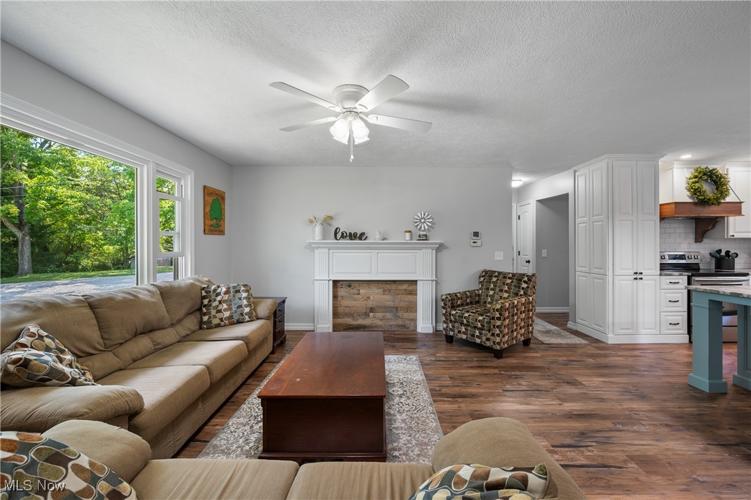 Living area featuring dark wood-style flooring, a textured ceiling, and ceiling fan