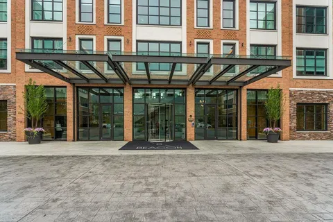 a view of a building with a large window