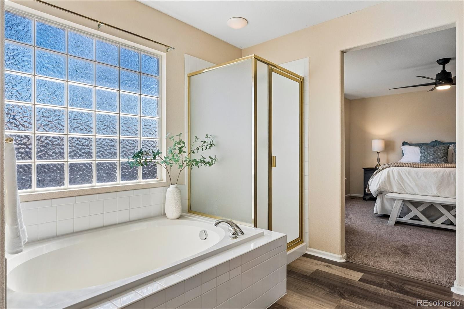 10534 Westcliff Place Highlands Ranch, CO 80130 - Photo 19 of 38 a spacious bathroom with a tub shower and window