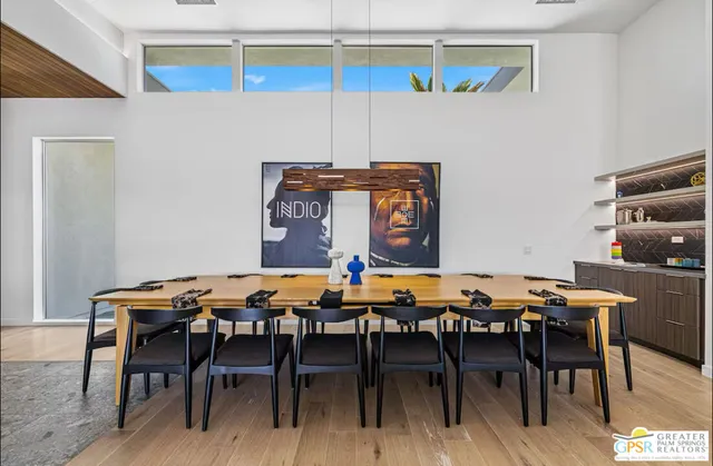 a view of a dining room with furniture