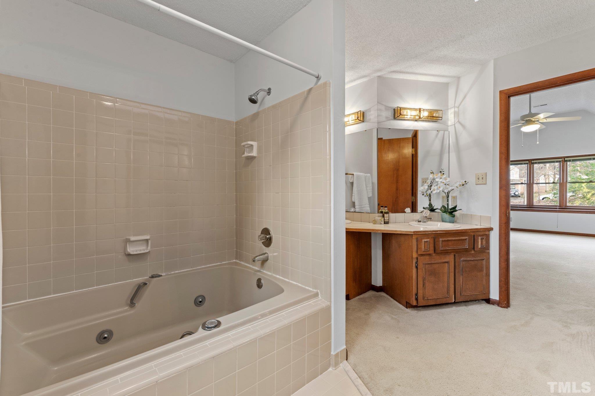7829 Breckon Way Raleigh, NC 27615 - Photo 20 of 40 a bathroom with a tub a sink a mirror and a shower