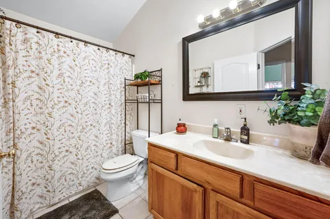 a bathroom with a sink a toilet and shower curtain