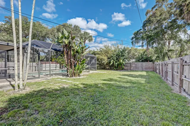 a view of a yard with plants and trees