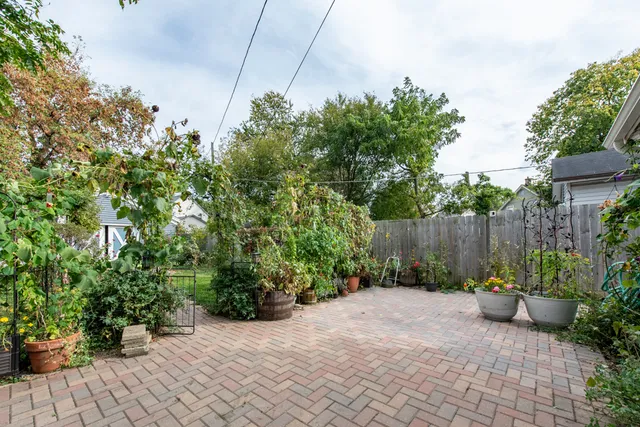 a view of a backyard with potted plants and a fountain