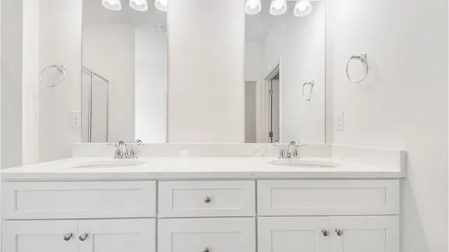a bathroom with double sink and a mirror