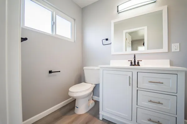 a bathroom with a sink a toilet and a large mirror