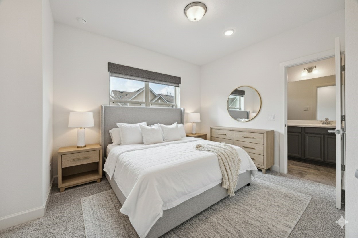 2714 Strathwood Lane Houston, TX 77082 - Photo 12 of 35 This virtually staged, light-filled secondary bedroom (#1) serves as a private sanctuary, boasting an attached en suite bathroom and plush, like-new carpeting. Bathed in natural light, this versatile space is perfect for a guest room or a premium home office, offering both comfort and convenience in one polished package.