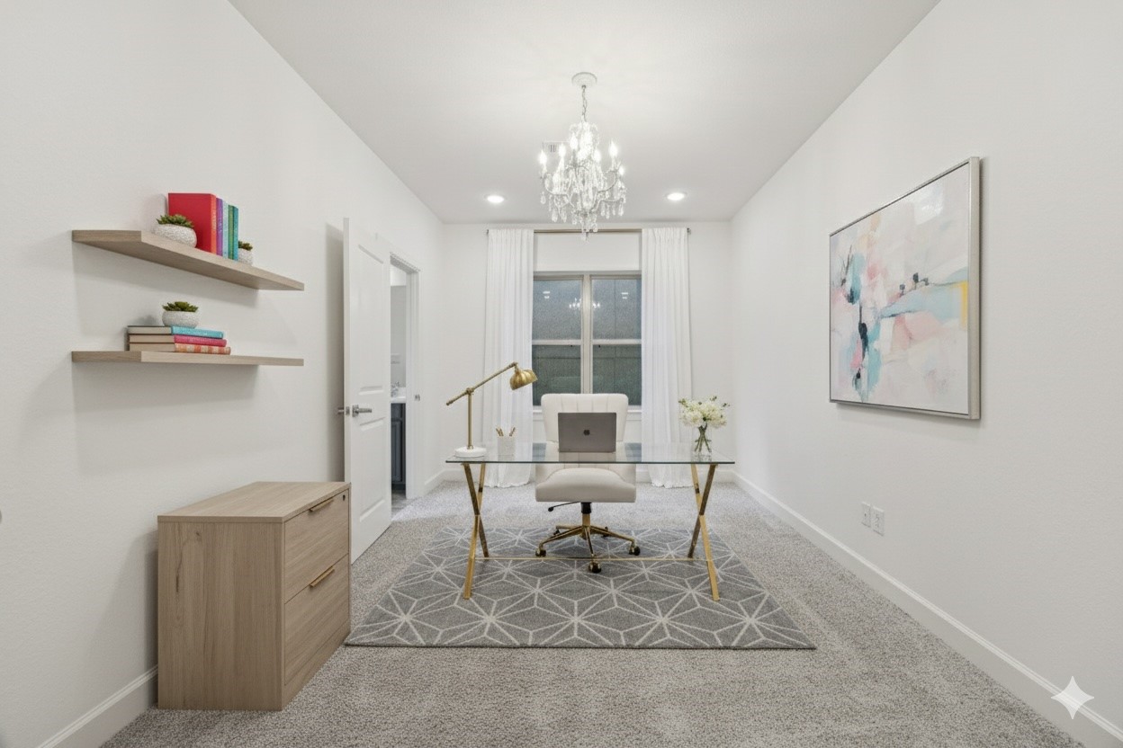 2714 Strathwood Lane Houston, TX 77082 - Photo 14 of 35 Virtually staged: Secondary Bedroom #2 offers incredible versatility, currently virtually showcased as productive home office. This pristine space features like-new carpeting and a spacious walk-in closet, ensuring it functions perfectly as a dedicated workspace, a quiet nursery, or a comfortable guest suite.
