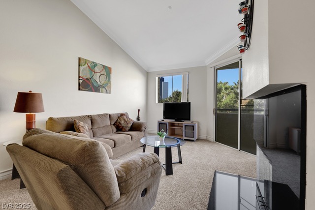 230 East Flamingo Road, Unit 435 Las Vegas, NV 89169 - Photo 7 of 15 The living area is illuminated by abundant natural light, boasting high ceilings and carpeted flooring throughout.