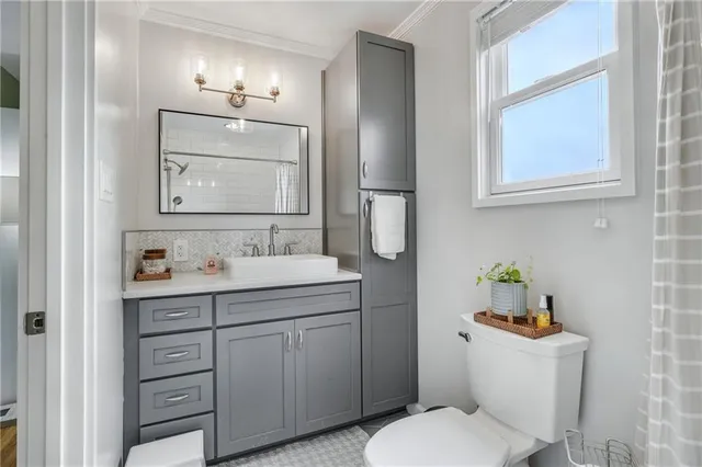 a bathroom with a toilet a sink a mirror and vanity