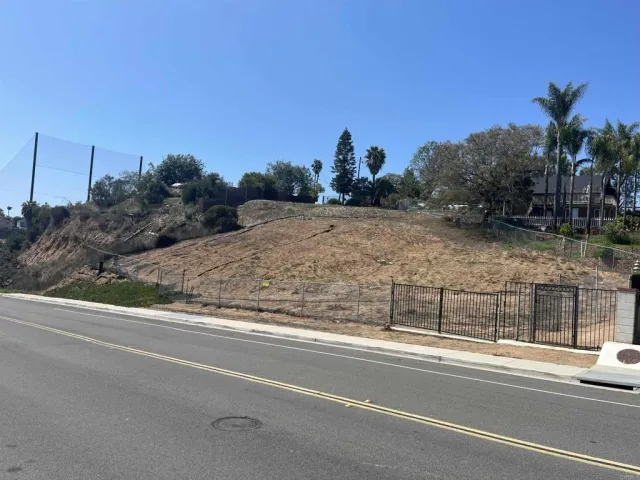 a view of a dry yard with trees in the background