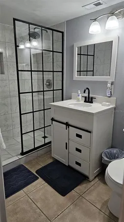 a bathroom with a sink toilet and mirror