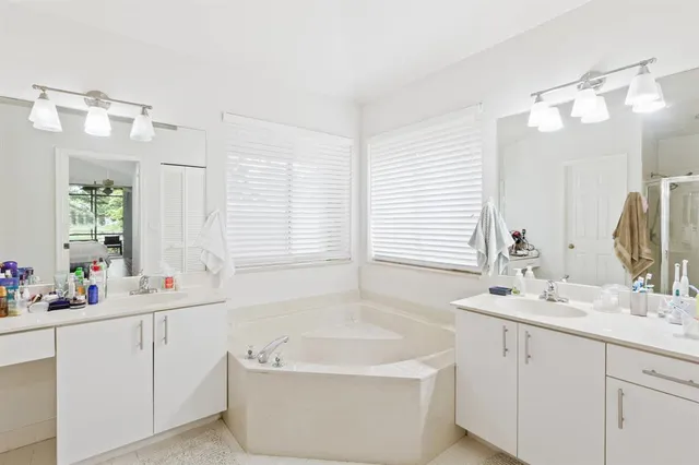 a bathroom with a tub a sink a large mirror and vanity