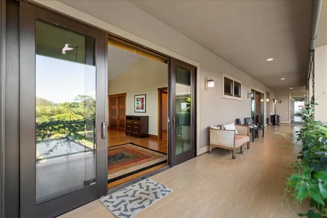 a lobby with furniture and garden