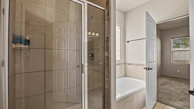 a bathroom with a bathtub and a shower