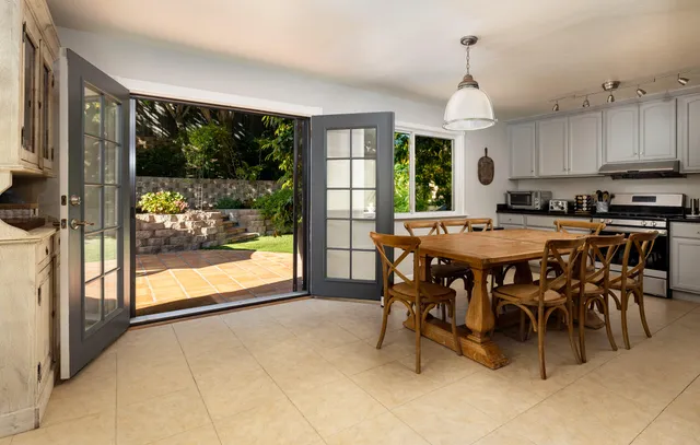 a garden view with a seating space