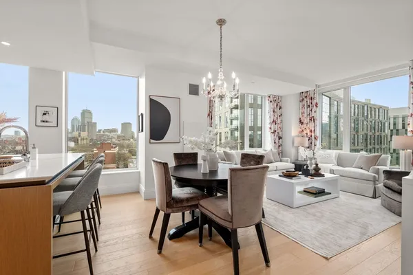 a view of a dining room with furniture window and outside view