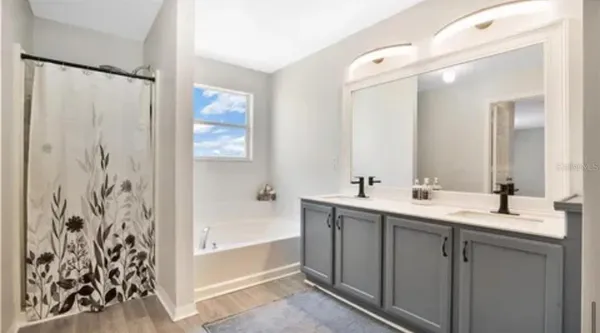 a bathroom with a double vanity sink and mirror with bathtub