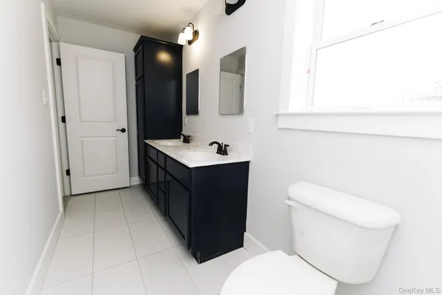 a bathroom with a sink a toilet and mirror