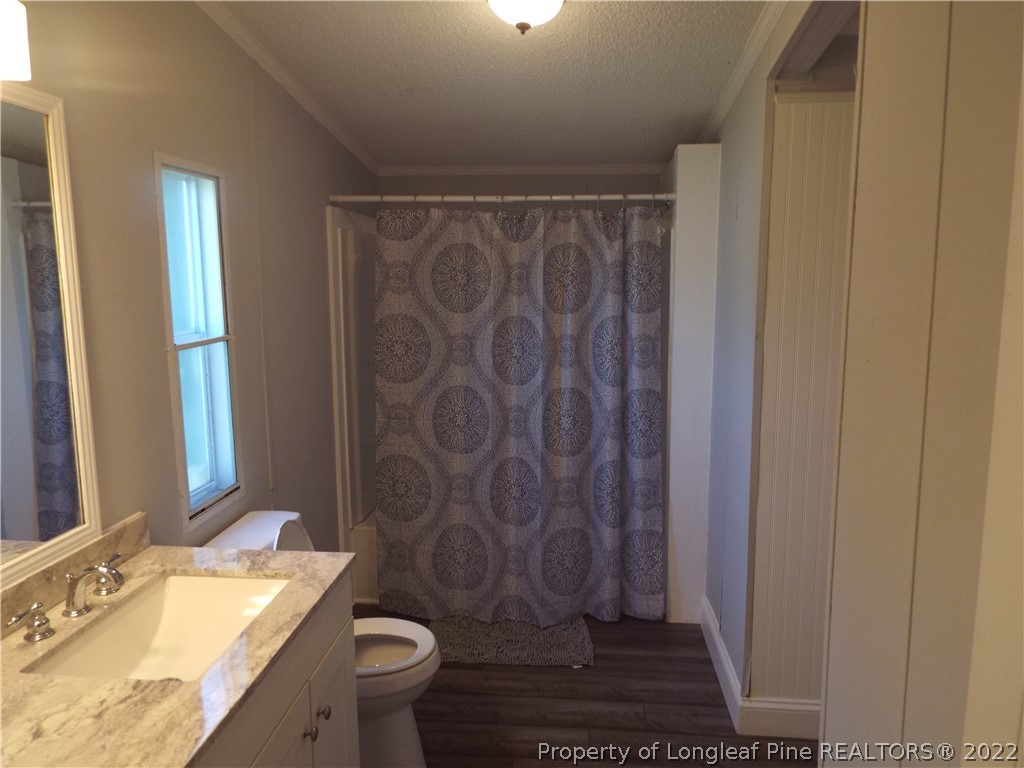 73 Georgia Way Cameron, NC 28326 - Photo 25 of 28 a bathroom with a granite countertop sink a toilet a mirror and shower curtain