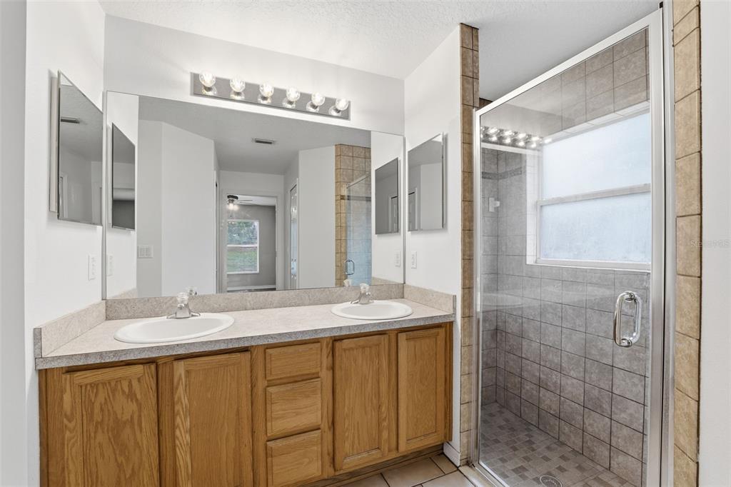 13477 Amanda Avenue Spring Hill, FL 34609 - Photo 17 of 46 a bathroom with a granite countertop sink a mirror and a shower