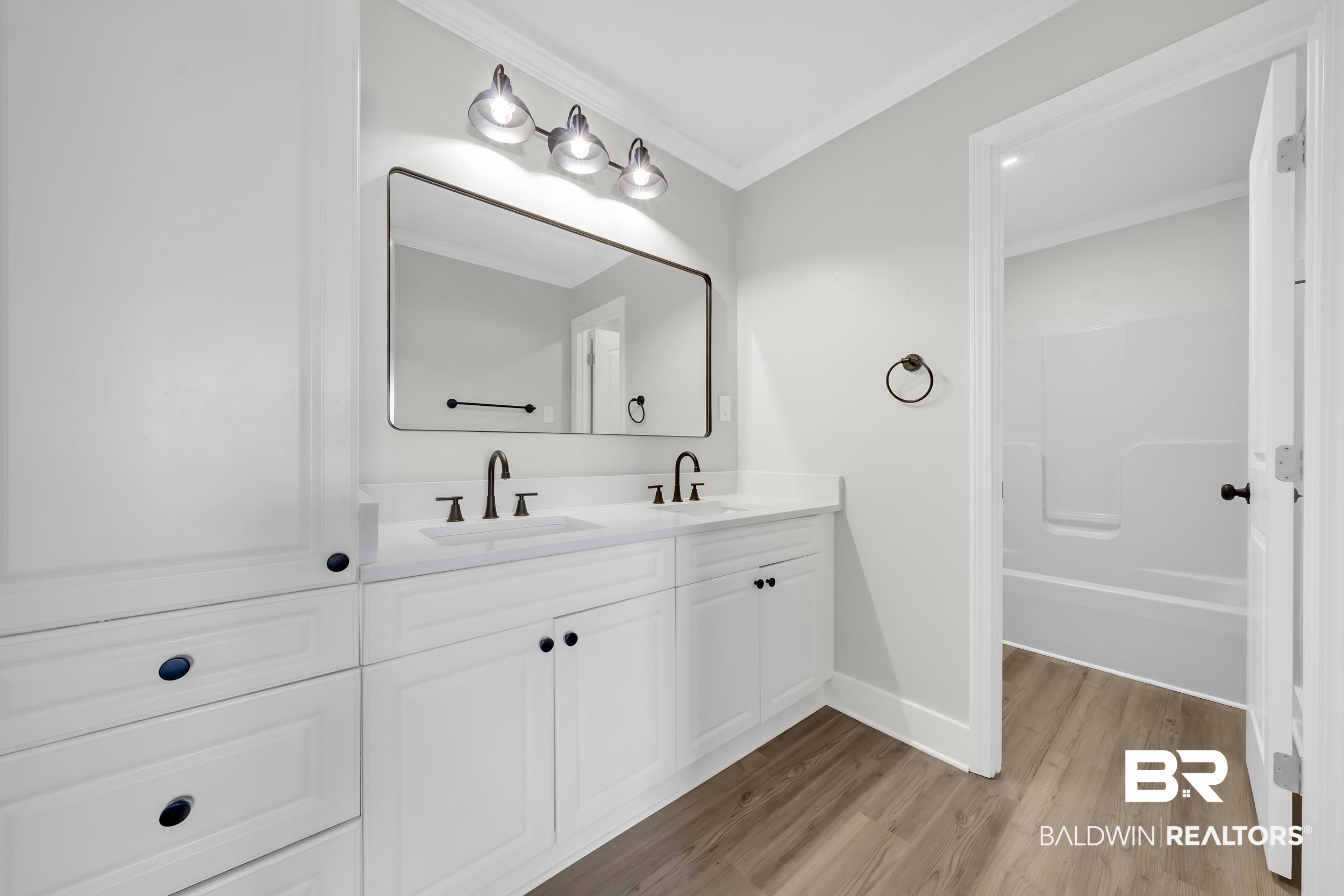 8351 Theodore Dawes Road Theodore, AL 36582 - Photo 19 of 46 Full bath featuring light wood-style floors, double vanity, and crown molding