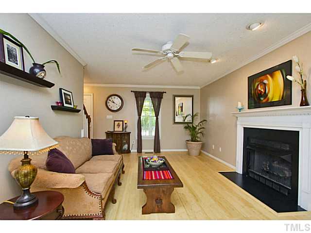 1117 Urania Drive Raleigh, NC 27603 - Photo 5 of 25 a living room with furniture a fireplace and a flat screen tv