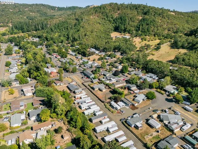 an aerial view of residential houses with outdoor space and trees