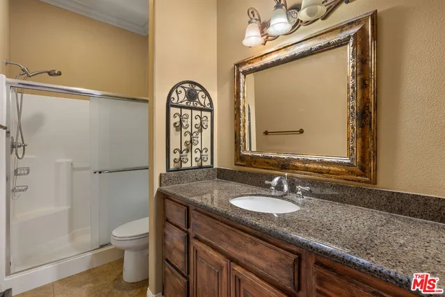 a bathroom with a granite countertop sink toilet and shower