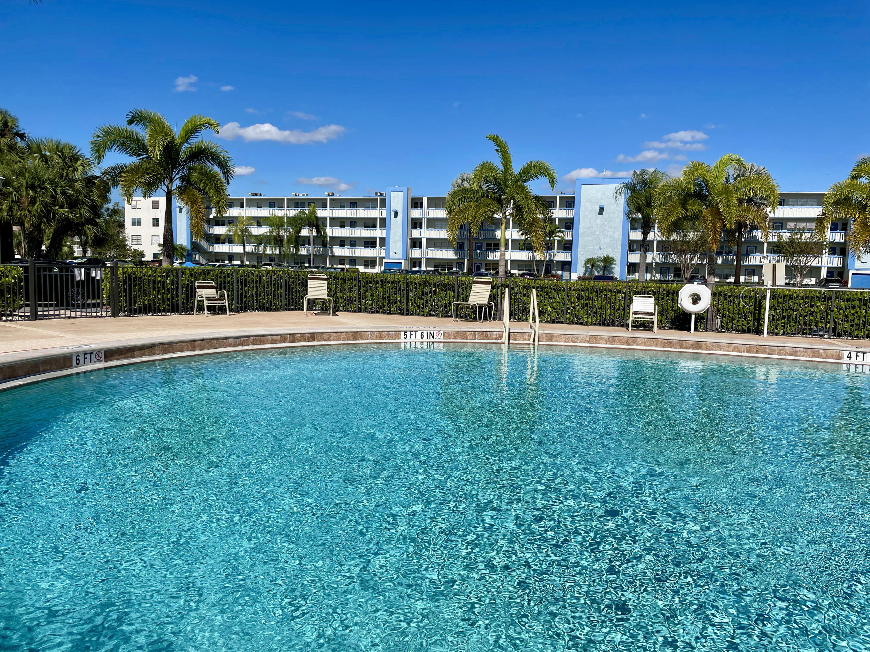 4019 Lincoln A Boca Raton, FL 33434 - Photo 31 of 36 a view of a swimming pool with a lawn chairs and palm tree