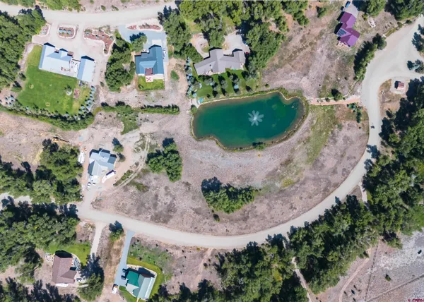an aerial view of residential houses with outdoor space and trees