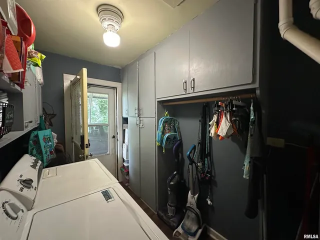 a view of a garage with storage