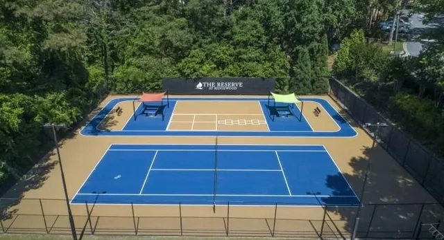 a view of a tennis ground with large trees