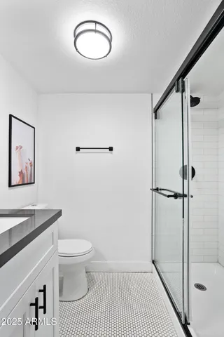 a bathroom with a toilet and a shower